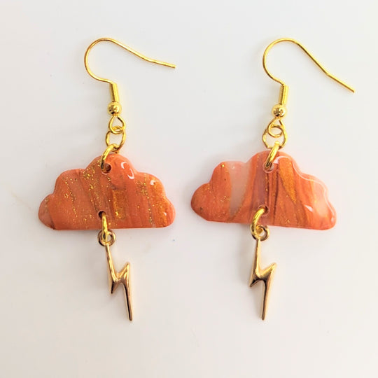 Marbled Orange & Translucent Cloud with Lightning Bolt Charm Trapeze Earrings