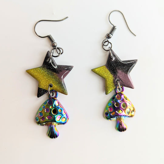 Marbled Star & Hypnotic Mushroom Trapeze Earrings