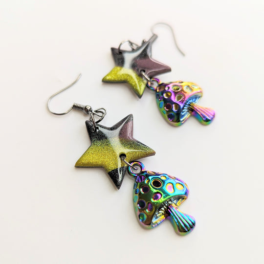 Marbled Star & Hypnotic Mushroom Trapeze Earrings