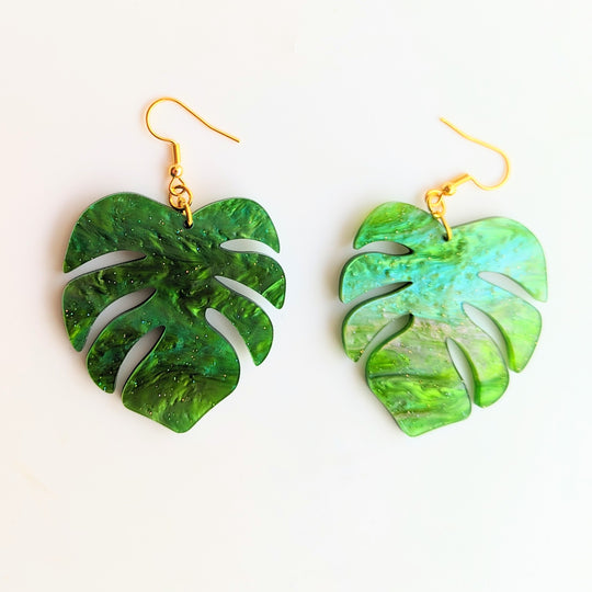 Oversized Rippled Green Monstera Leaf Statement Acrylic Drop Earrings