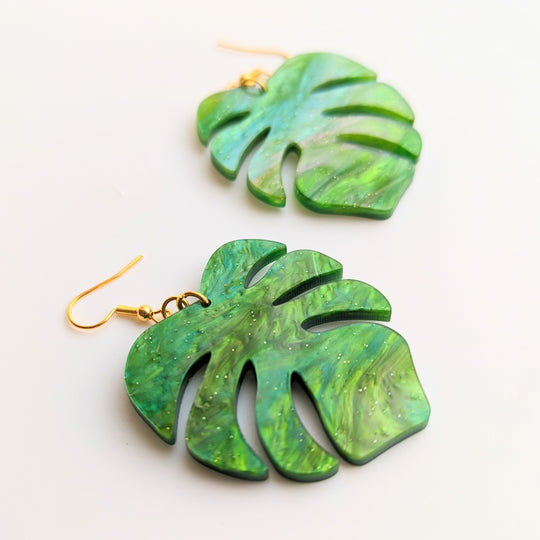 Oversized Rippled Green Monstera Leaf Statement Acrylic Drop Earrings