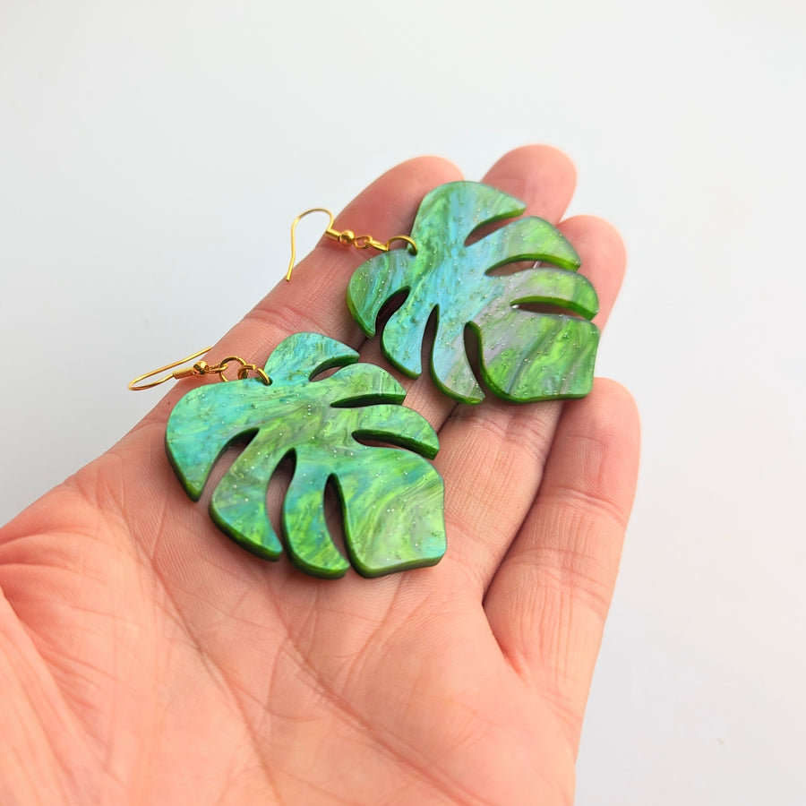 Oversized Rippled Green Monstera Leaf Statement Acrylic Drop Earrings