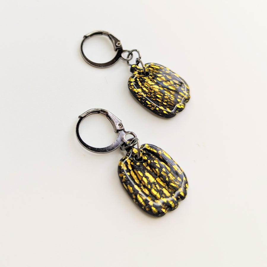 Sparkly Black & Gold Leaf Pumpkin Huggie Hoop Earrings