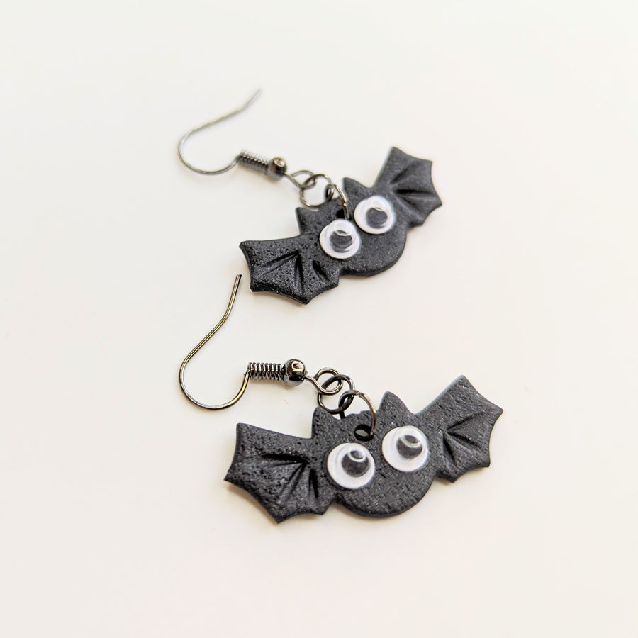 Sparkly Black Googly Eyed Bat Drop Earrings