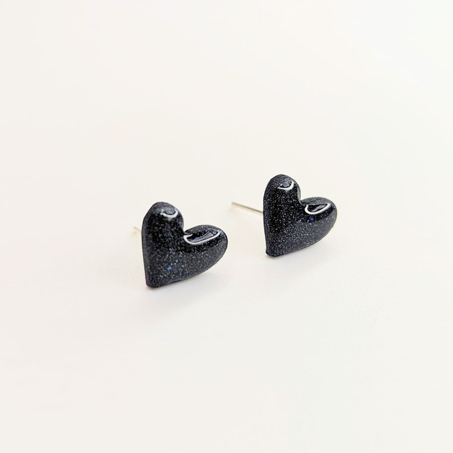 Sparkly Black with Blue Glitter Heart Stud Earrings
