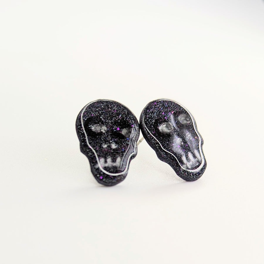 Sparkly Black with Pink Glitter Skull Stud Earrings