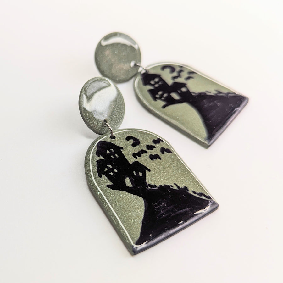 Sparkly Green Spooky House Trapeze Earrings