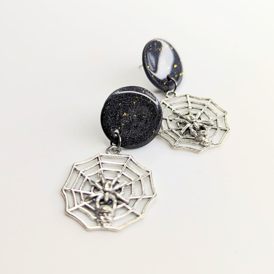 Sparkly Black with Gold Leaf Circle Tired Spider Web Trapeze Earrings