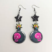 Sparkly Black Star Topped Skull Bomb Trapeze Earrings