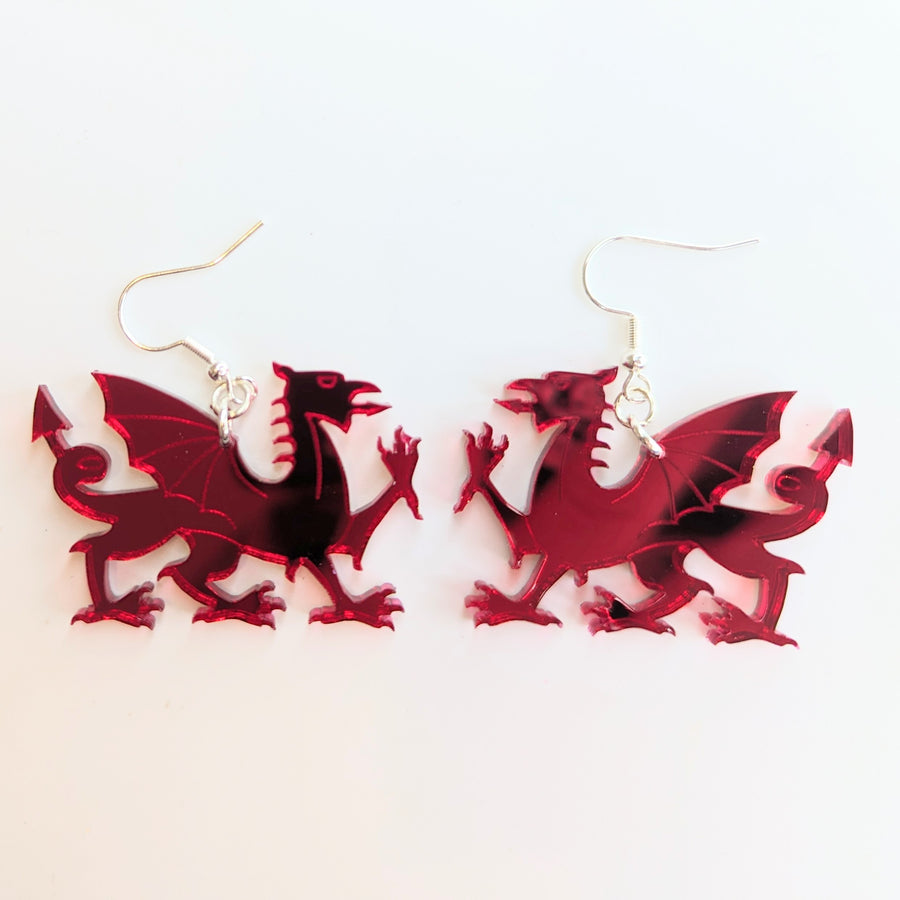 Mirrored Red Acrylic Welsh Dragon Drop Earrings