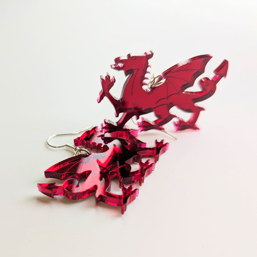 Mirrored Red Acrylic Welsh Dragon Drop Earrings