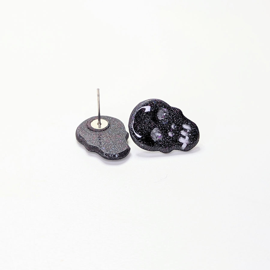 Sparkly Black with Pink Glitter Skull Stud Earrings
