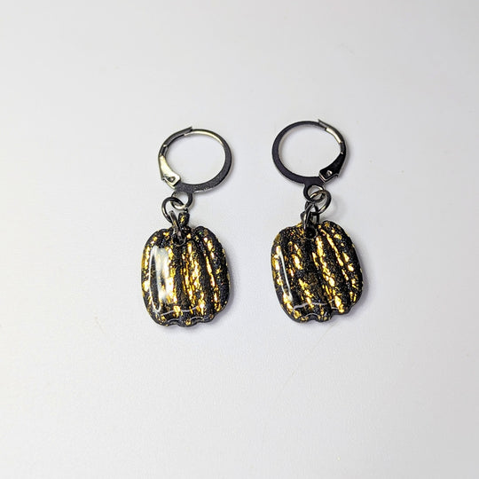 Sparkly Black & Gold Leaf Pumpkin Huggie Hoop Earrings