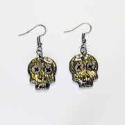 Sparkly Black & Gold Leaf Skull Stop Earrings with Glow in the Dark Eyes