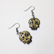 Sparkly Black & Gold Leaf Skull Stop Earrings with Glow in the Dark Eyes