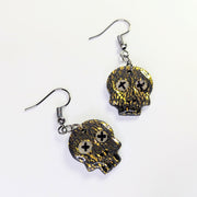 Sparkly Black & Gold Leaf Skull Stop Earrings with Glow in the Dark Eyes