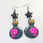 Sparkly Black Star Topped Skull Bomb Trapeze Earrings