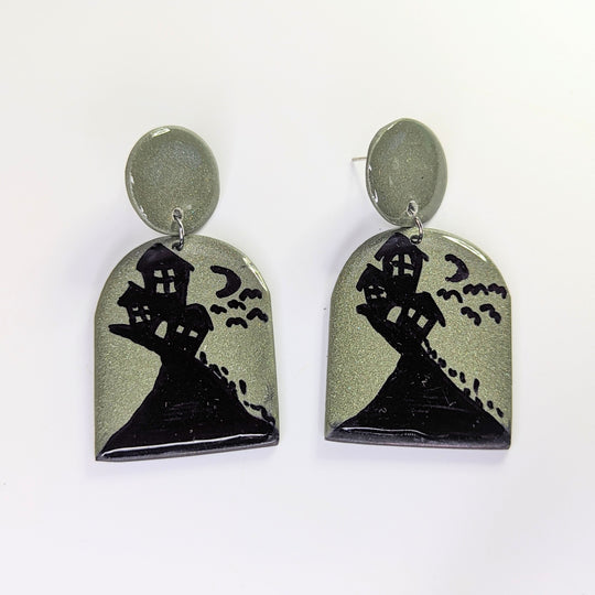 Sparkly Green Spooky House Trapeze Earrings