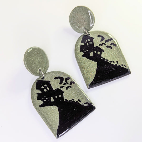 Sparkly Green Spooky House Trapeze Earrings