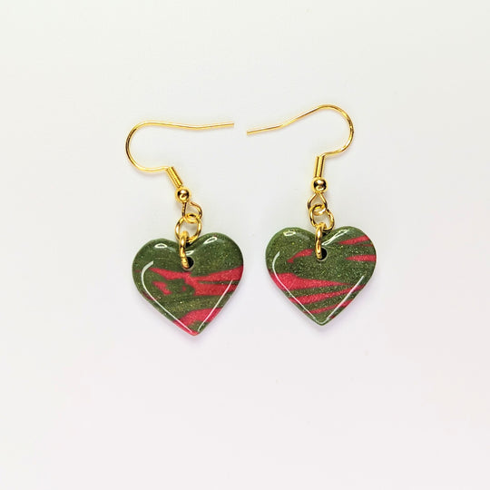 Sparkly Green & Red Heart Drop Earrings