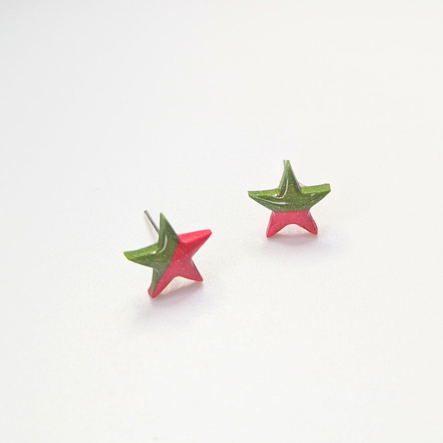 Sparkly Red & Green Cute Star Stud Earrings