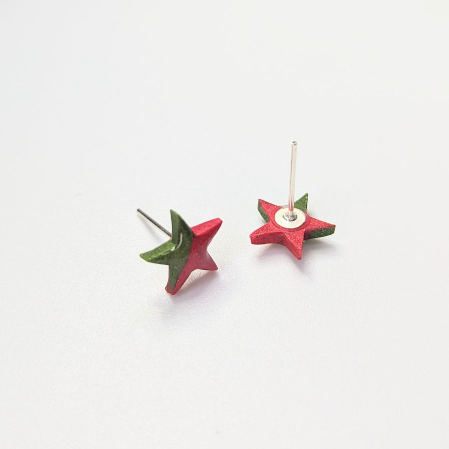 Sparkly Red & Green Cute Star Stud Earrings