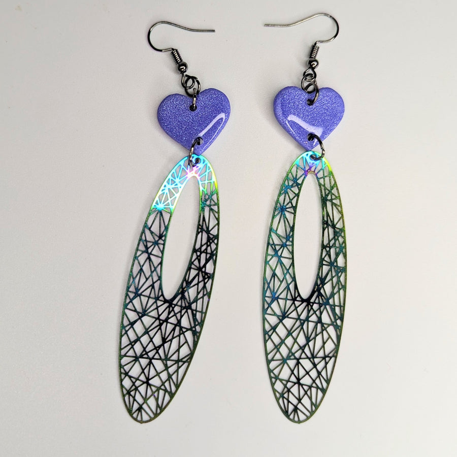 Sparkly Purple Heart Top Delicate Oval Filigree Trapeze Earrings