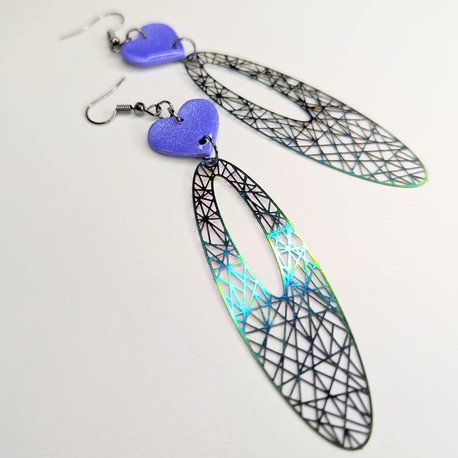 Sparkly Purple Heart Top Delicate Oval Filigree Trapeze Earrings