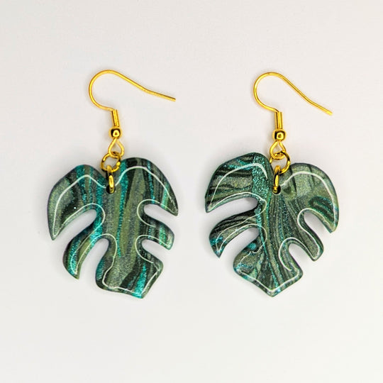 Marbled Green Monstera Leaf Drop Earrings