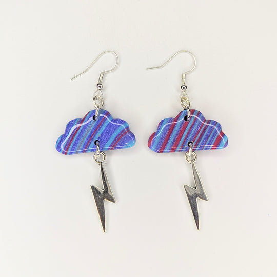 Sparkly Striped Blue, Pink & Purple Cloud & Lightning Bolt Trapeze Earrings