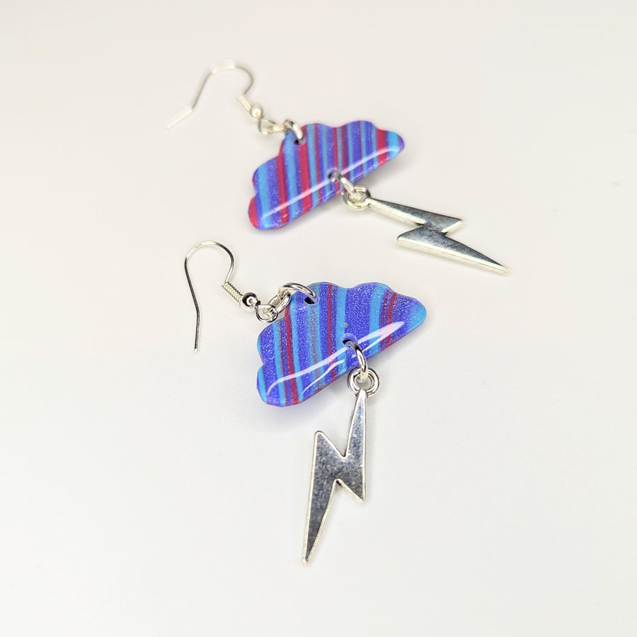 Sparkly Striped Blue, Pink & Purple Cloud & Lightning Bolt Trapeze Earrings