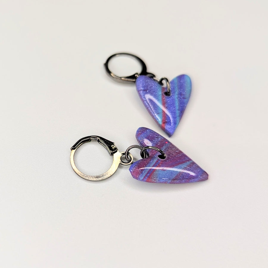 Sparkly Marbled Blue, Pink & Purple Heart Huggie Hoop Earrings