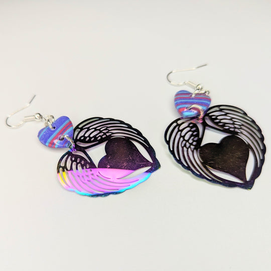 Sparkly Purple Striped Heart Top Filigree Winged Heart Trapeze Earrings