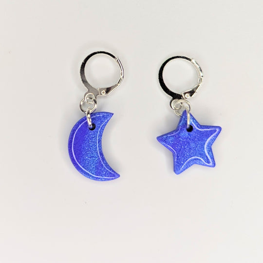 Sparkly Marbled Blue & Purple Moon & Star Huggie Hoop Earrings
