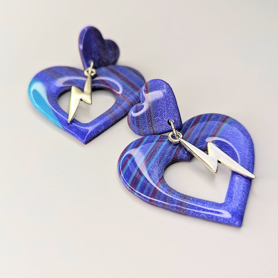 Double Stripey Purple Heart with Lightning Bolt Charm Trapeze Earrings