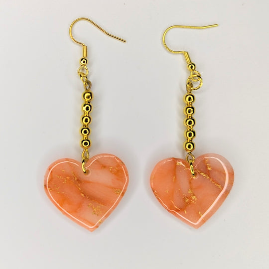 Gold & Rose Quartz Style Golden Beaded Heart Drop Earrings
