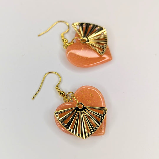Gold & Rose Heart with Art Deco Style Charm Drop Earrings