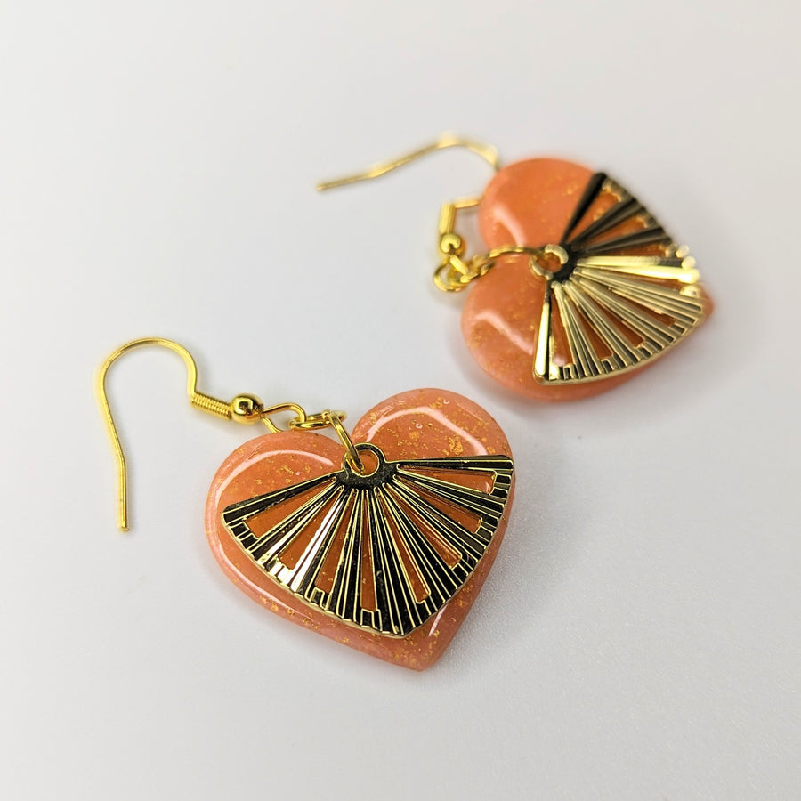 Gold & Rose Heart with Art Deco Style Charm Drop Earrings