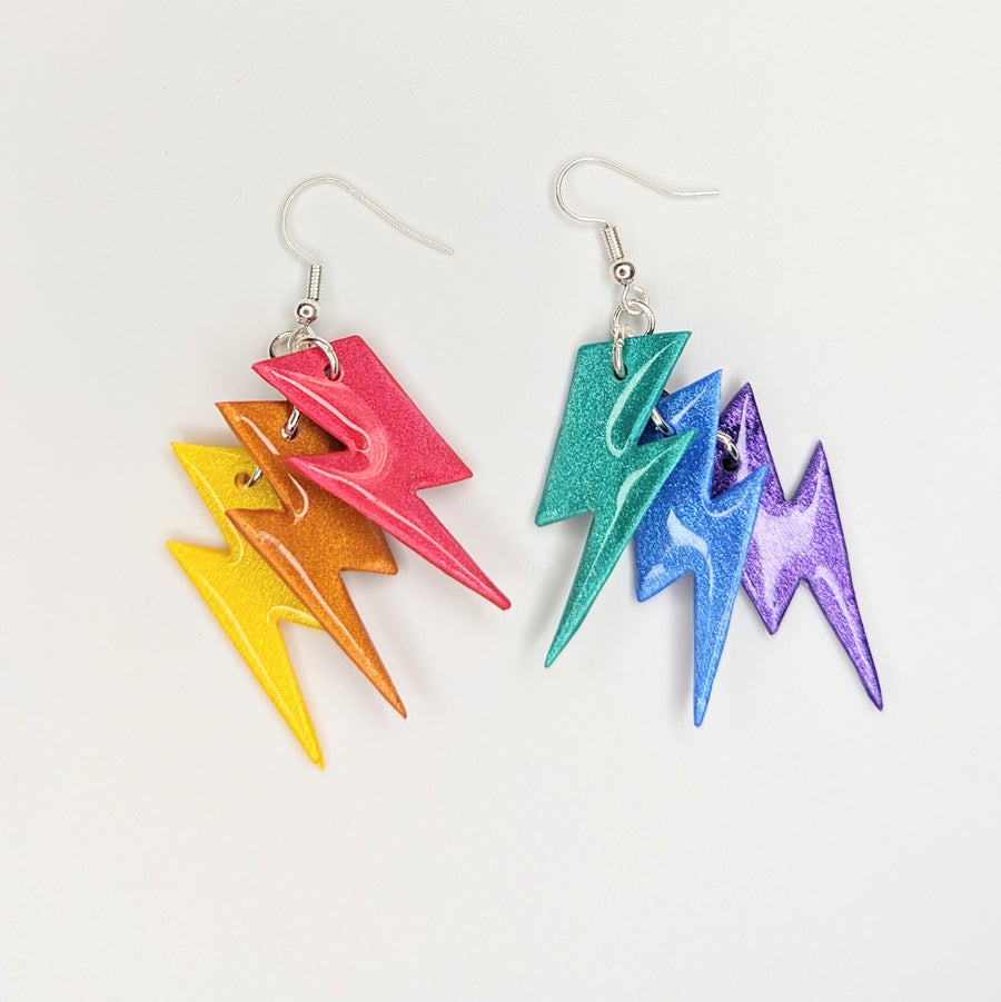 Rainbow Pride Staggered Lightning Bolt Statement Earrings, LGBTQ+ Queer Trapeze Earrings