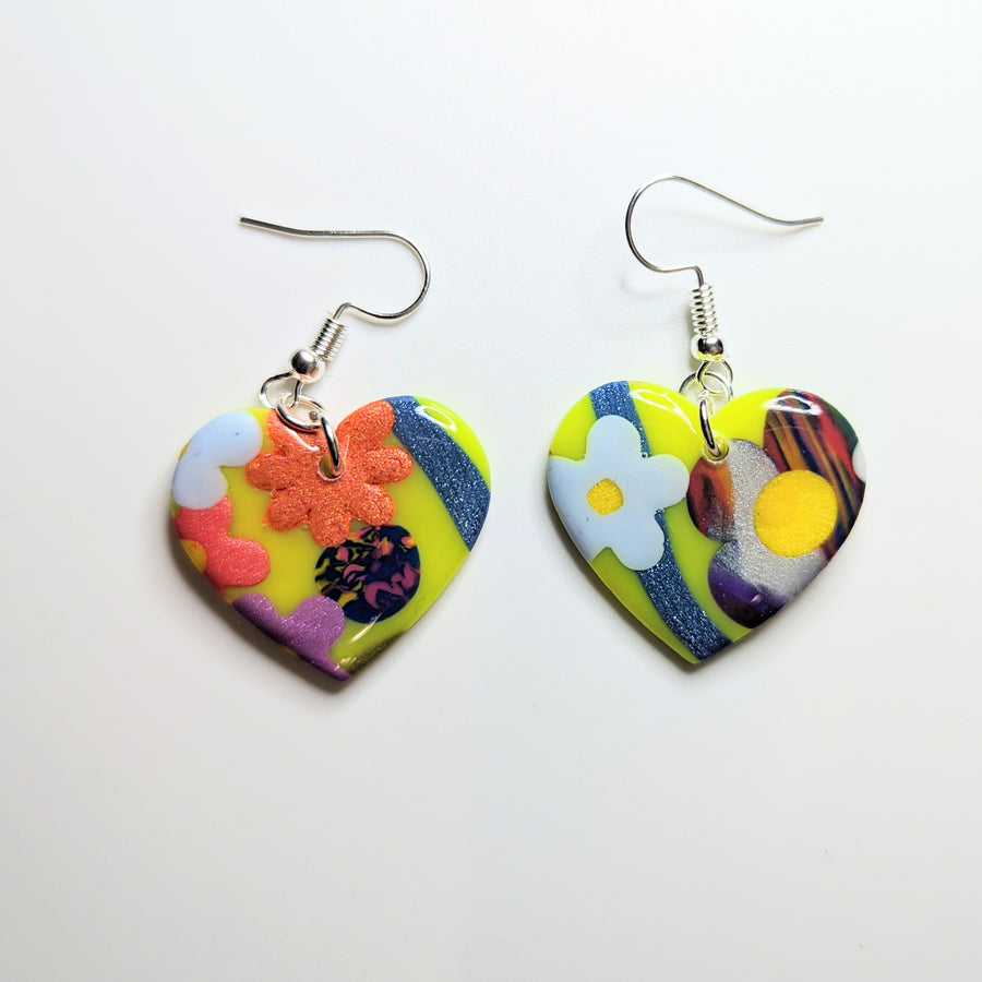 Neon Floral Print Medium Heart Drop Earrings