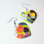 Neon Floral Print Medium Heart Drop Earrings