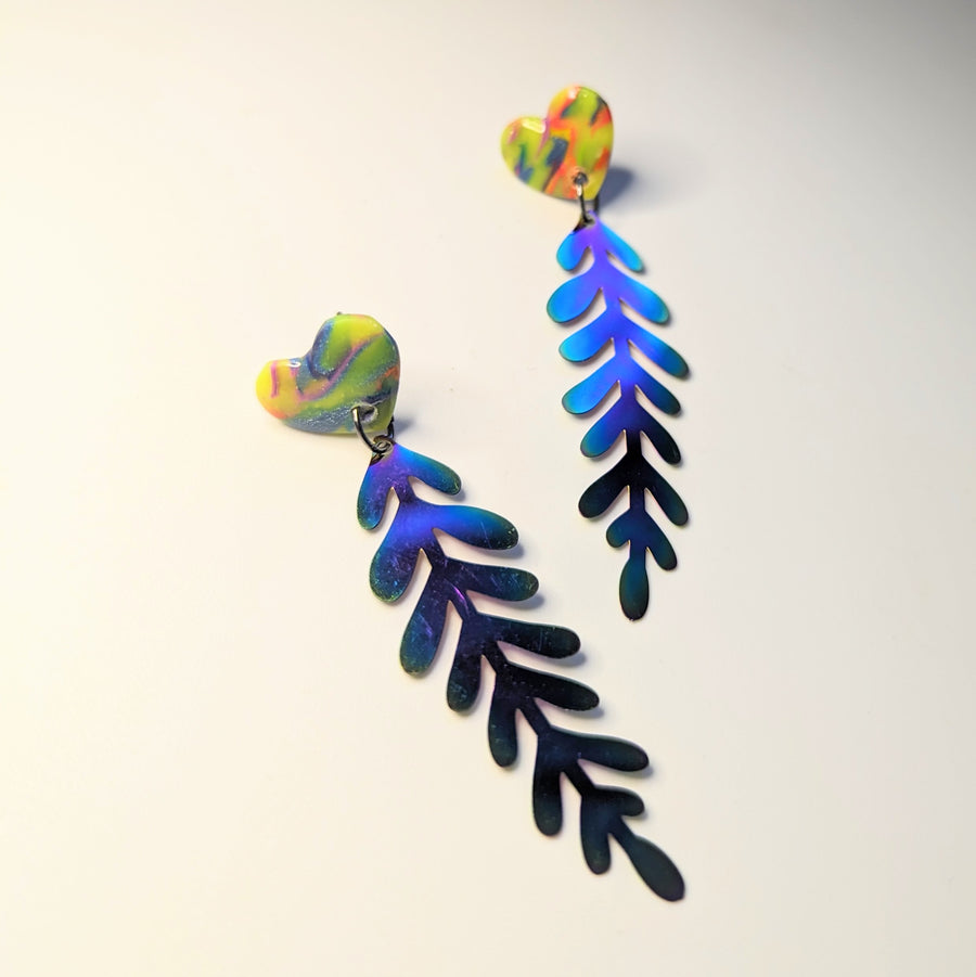 Marbled Neon Heart Topped Filigree Leaf Trapeze Earrings