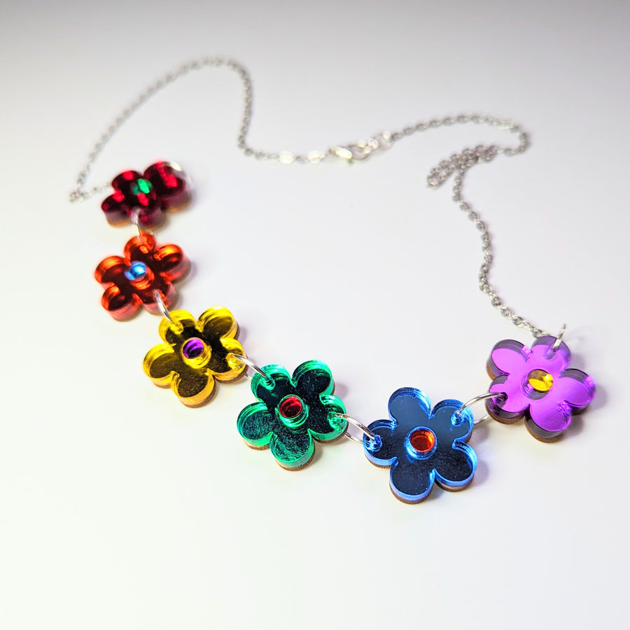 Mirrored Rainbow Daisy Acrylic Necklace