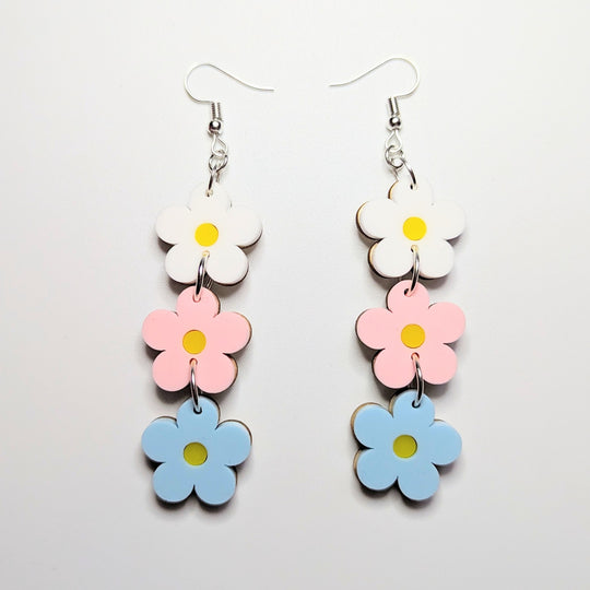 Triple Pastel Daisy Acrylic Trapeze Earrings