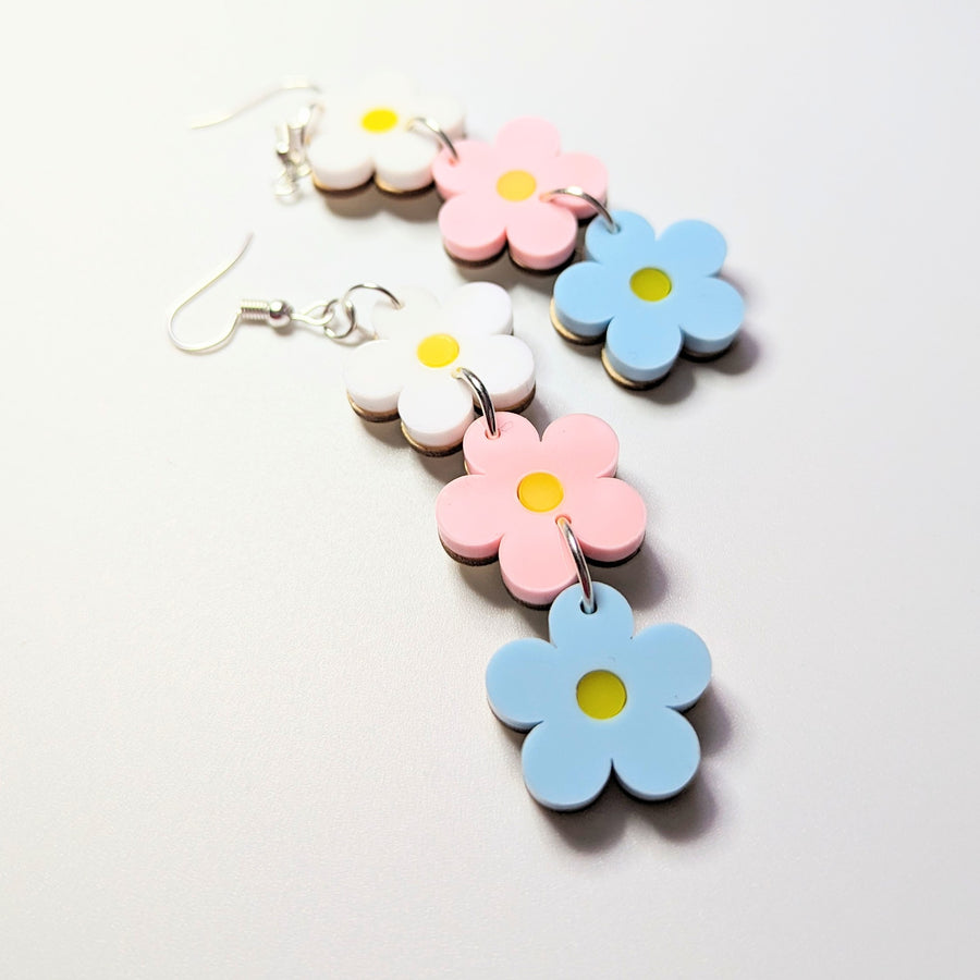 Triple Pastel Daisy Acrylic Trapeze Earrings