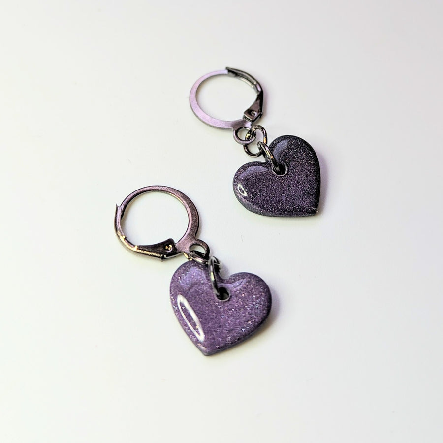 Sparkly Dark Purple Cute Heart Huggie Hoop Earrings
