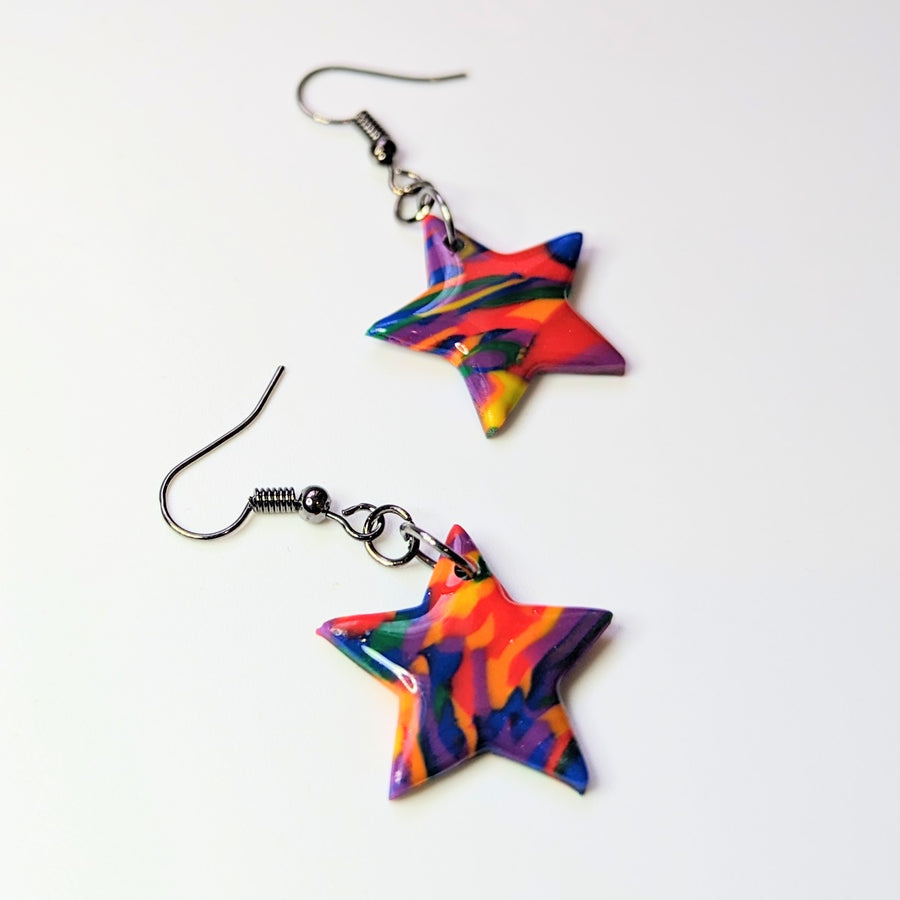 Marbled Multi-Coloured Rainbow Star Drop Earrings