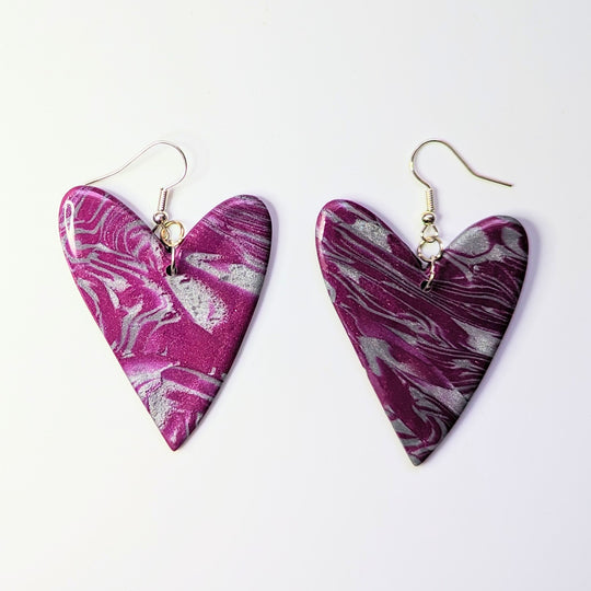 Marbled Sparkly Purple & Silver Oversized Heart Drop Earrings