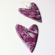 Marbled Sparkly Purple & Silver Oversized Heart Drop Earrings