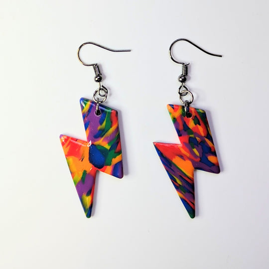 Marbled Multi-Coloured Rainbow Lightning Bolt Drop Earrings